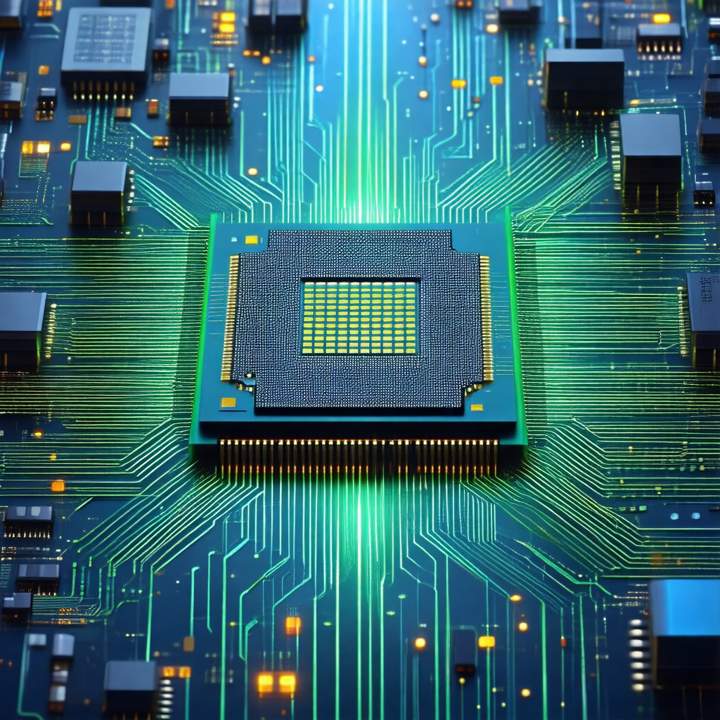 Close-up of a computer chip with a green glow
