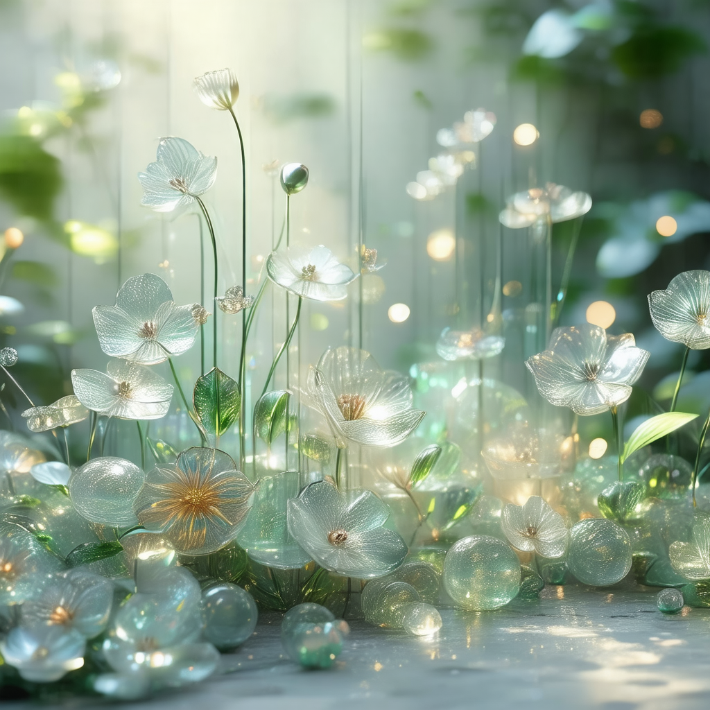 Beautiful arrangement of glass flowers and leaves