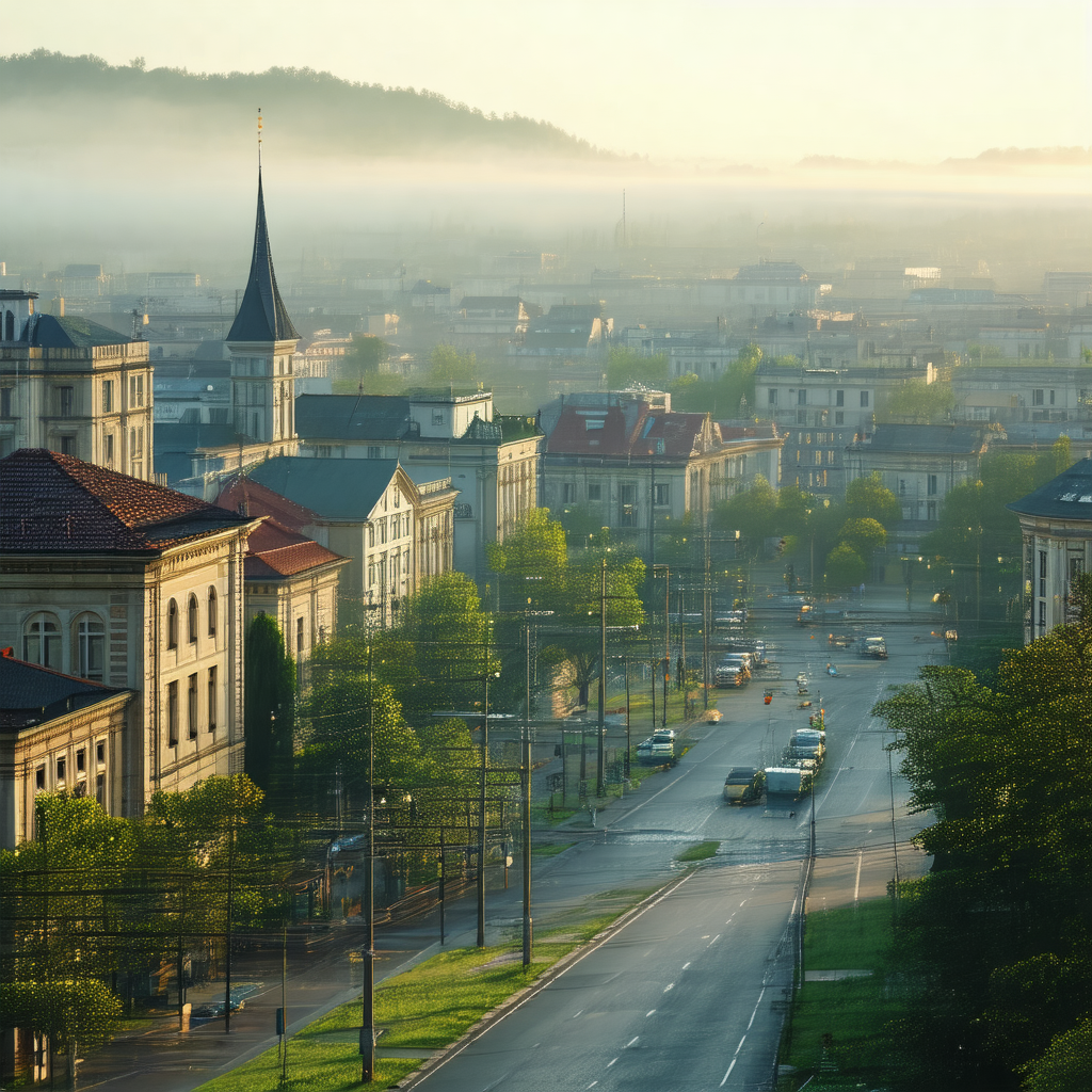 City street with a mix of cars and trucks driving down th...