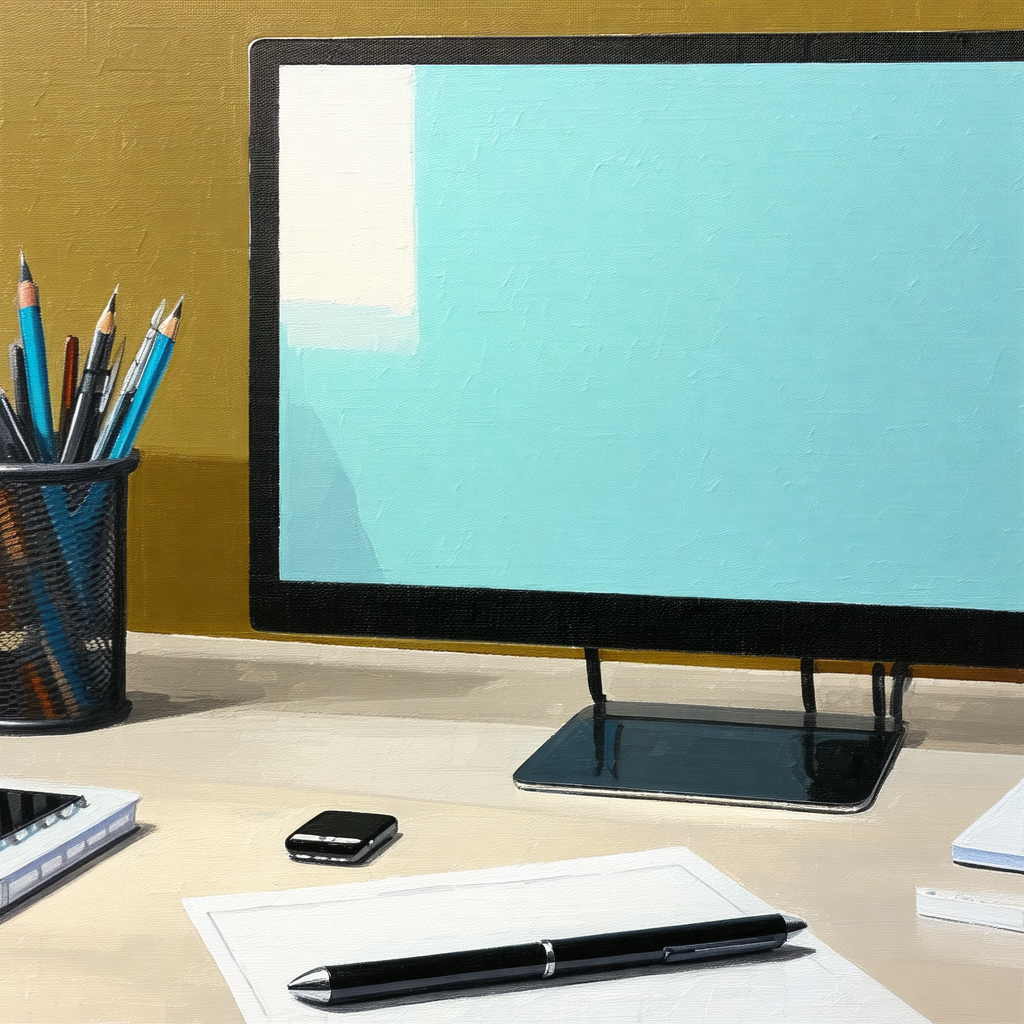 Computer monitor sitting on a desk, with a keyboard and a...