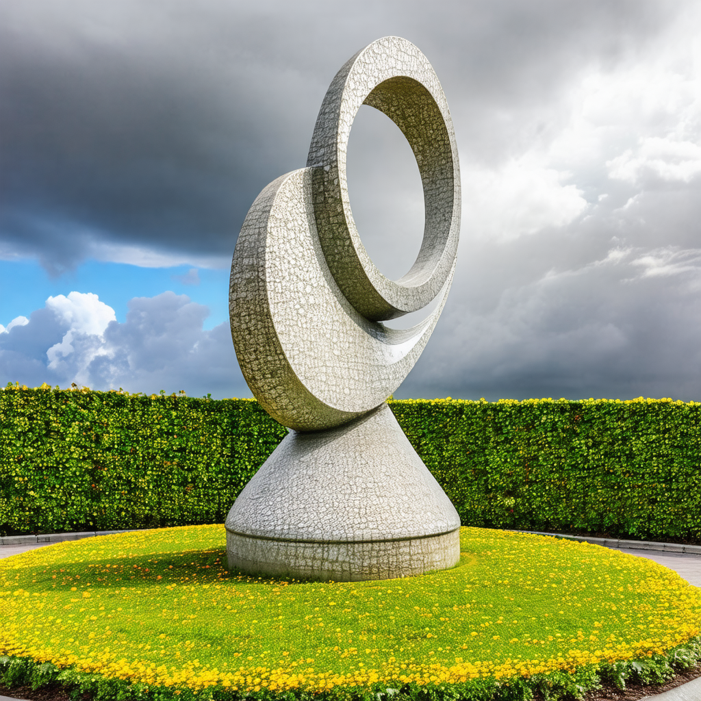 Large, white, circular sculpture sitting on a grassy area