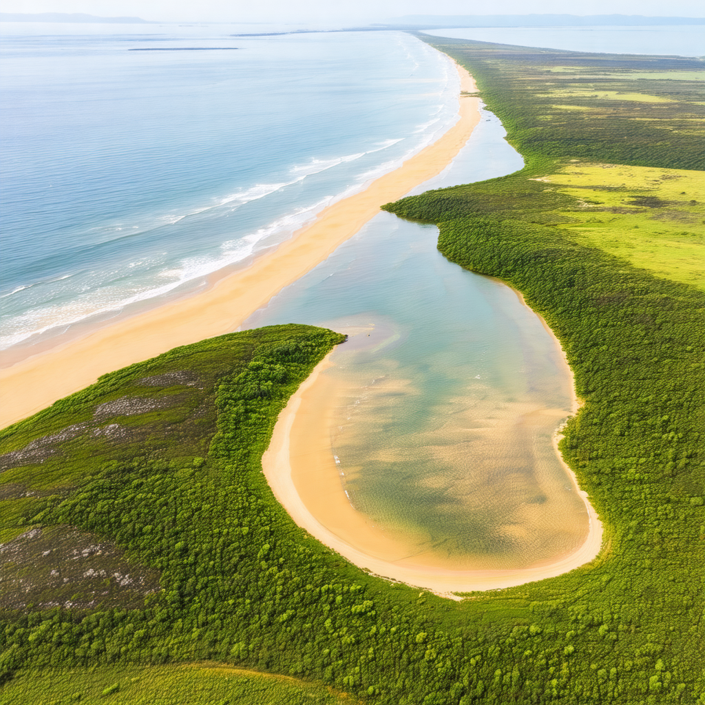 Beautiful beach scene with a sandy shore and a large body...