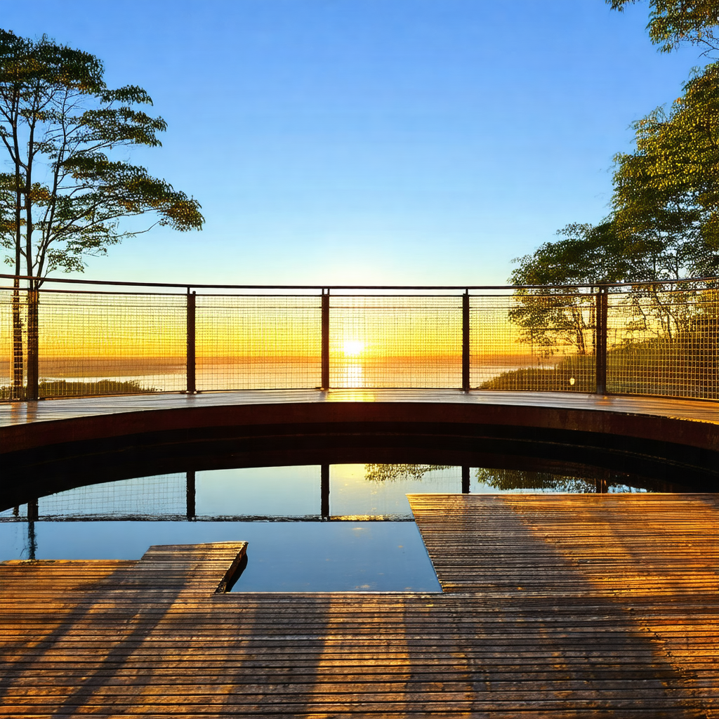 Wooden deck overlooking a large body of water, possibly a...