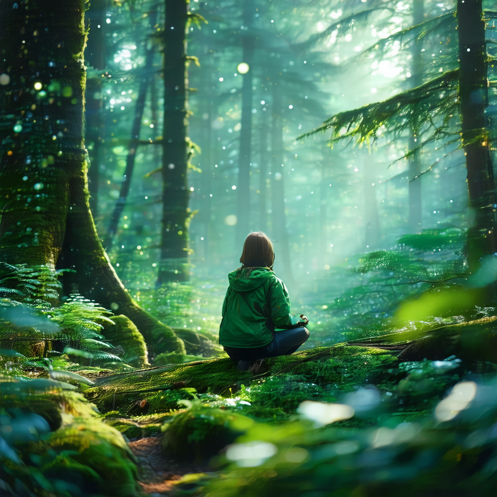Woman sitting on a rock in a forest, surrounded by trees