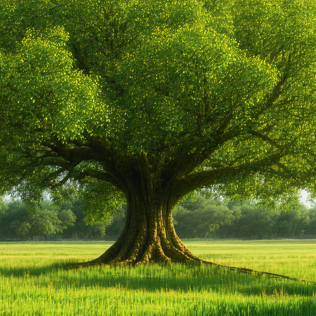 Large, old tree with a massive trunk, situated in a lush ...