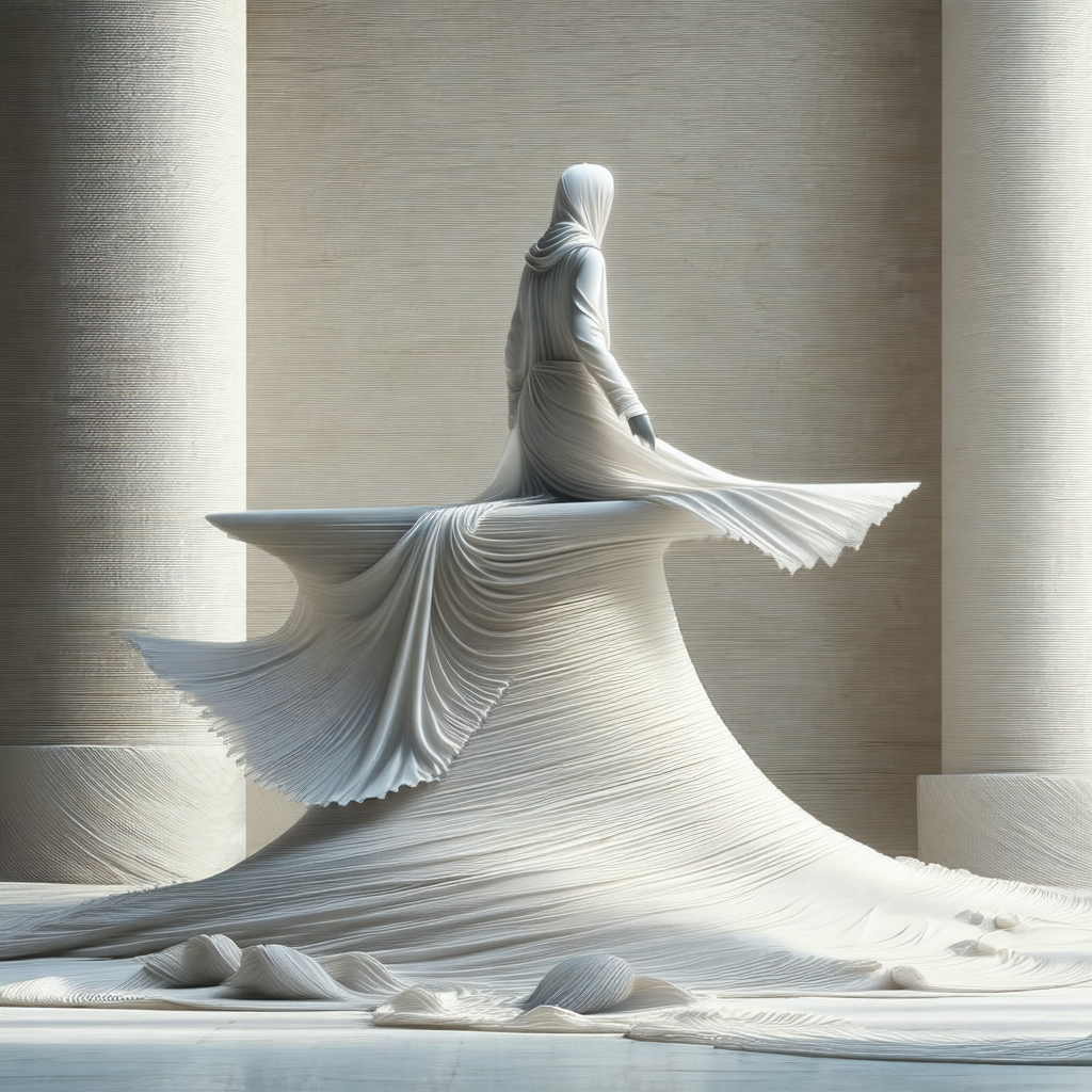 White statue of a woman sitting on a white pedestal