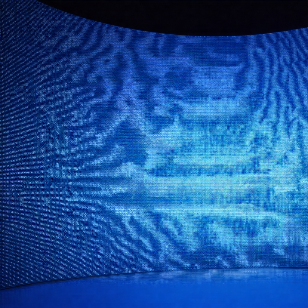 Large blue curtain that is hanging in a darkened room