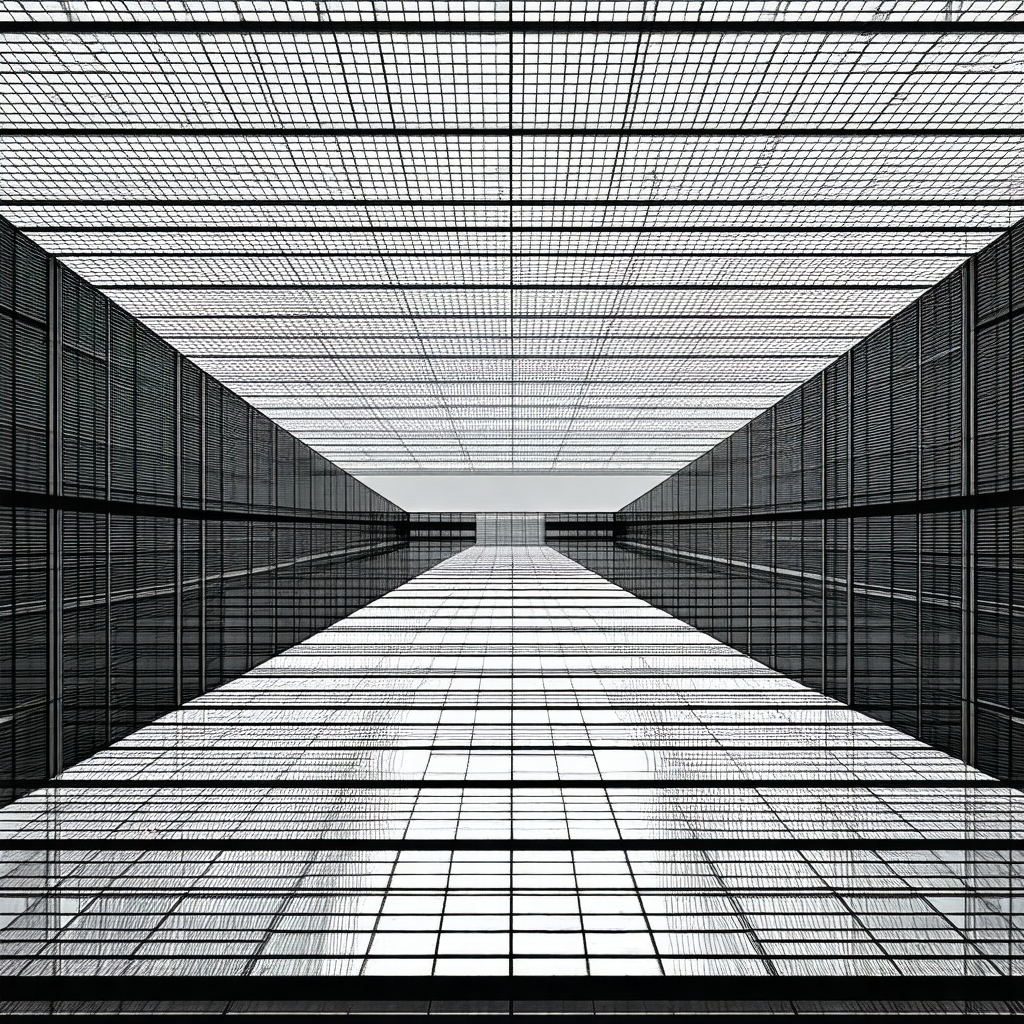 Black and white photo of a tall building with a lot of wi...