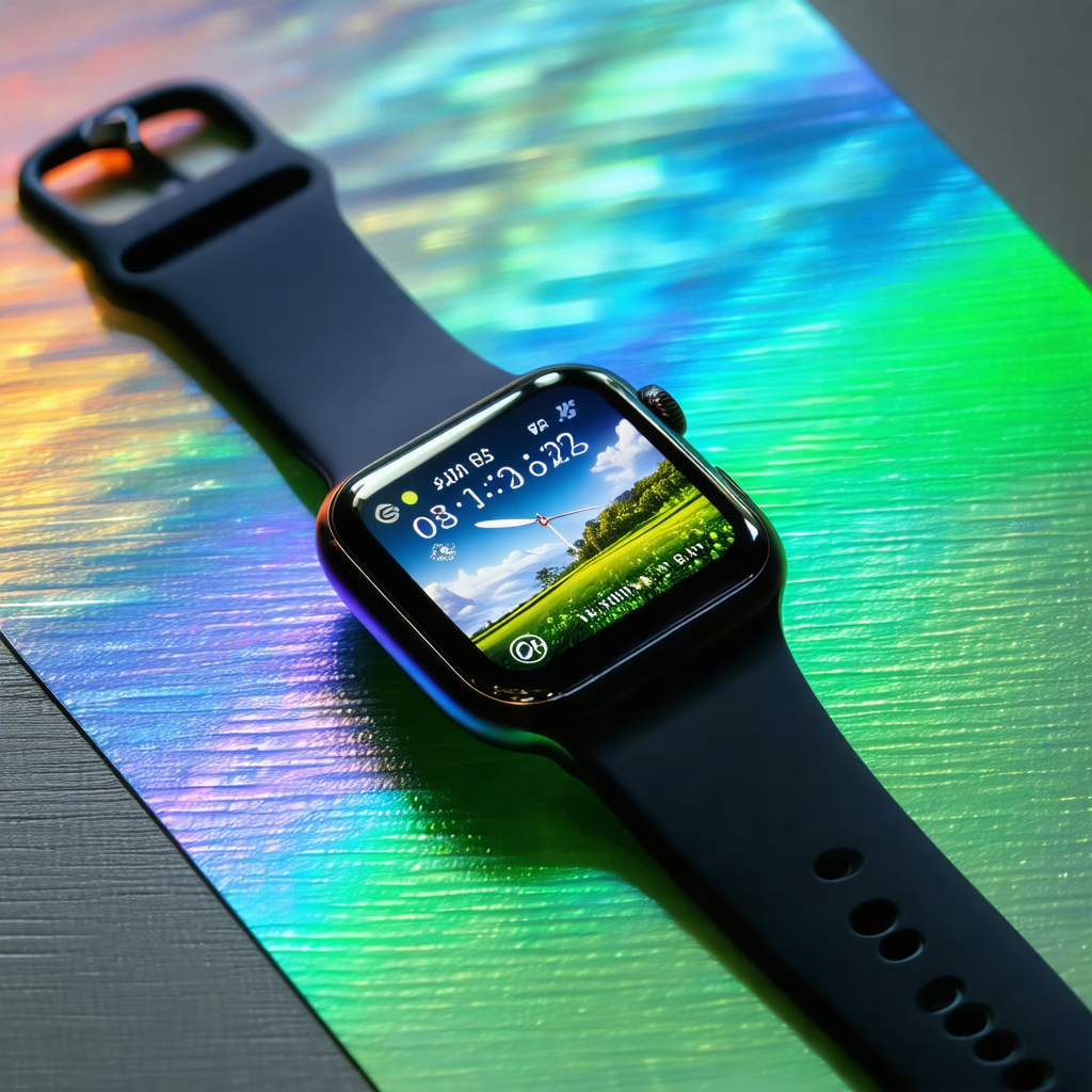 Black apple watch with a green background displayed on it...