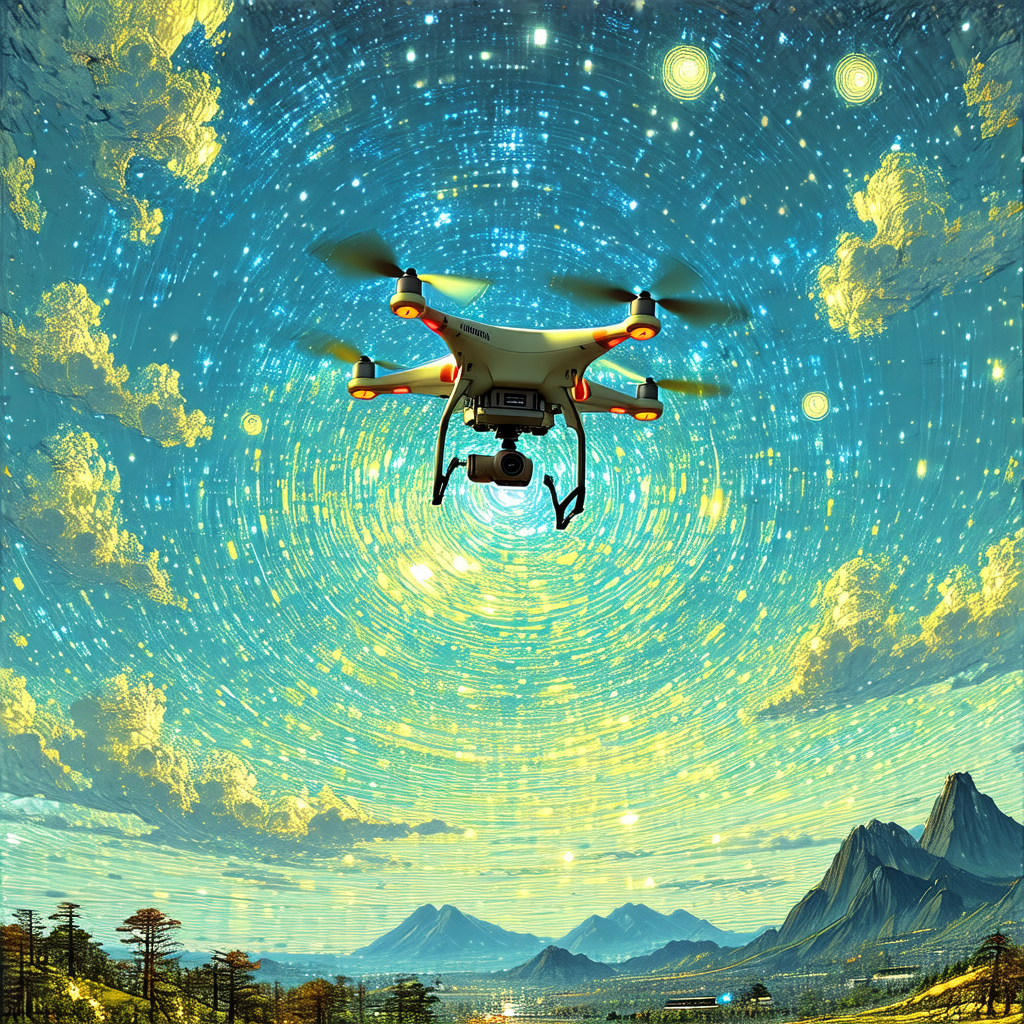 Drone flying high in the sky, surrounded by a beautiful a...