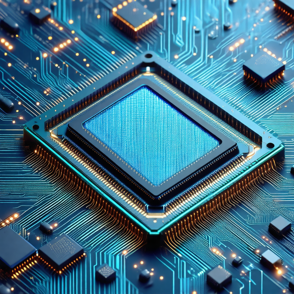 Close-up of a computer chip with a blue square in the center