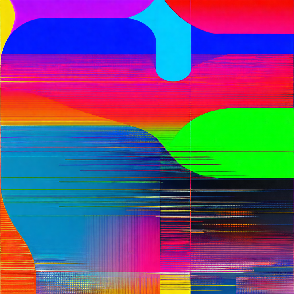 Colorful and abstract artwork featuring a mix of blue, gr...