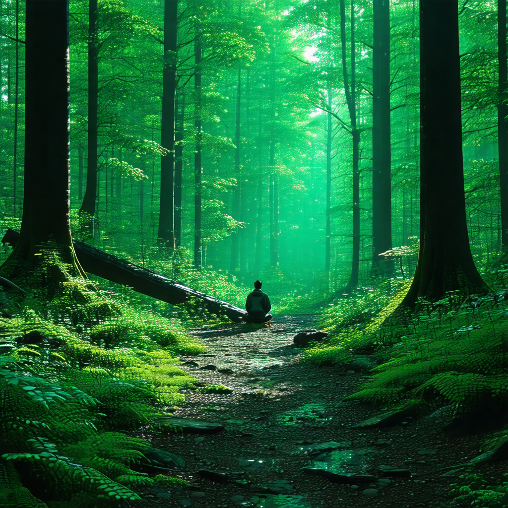 Man sitting on the ground in a forest, surrounded by tree...