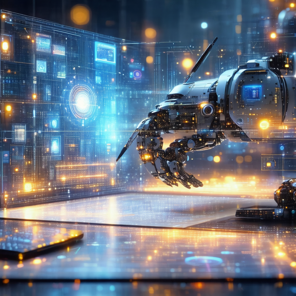 Futuristic robot with a large, metallic arm