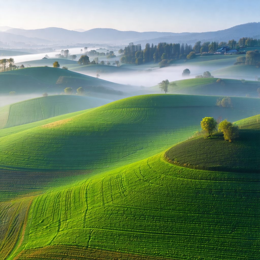 Lush green hillside with a foggy atmosphere