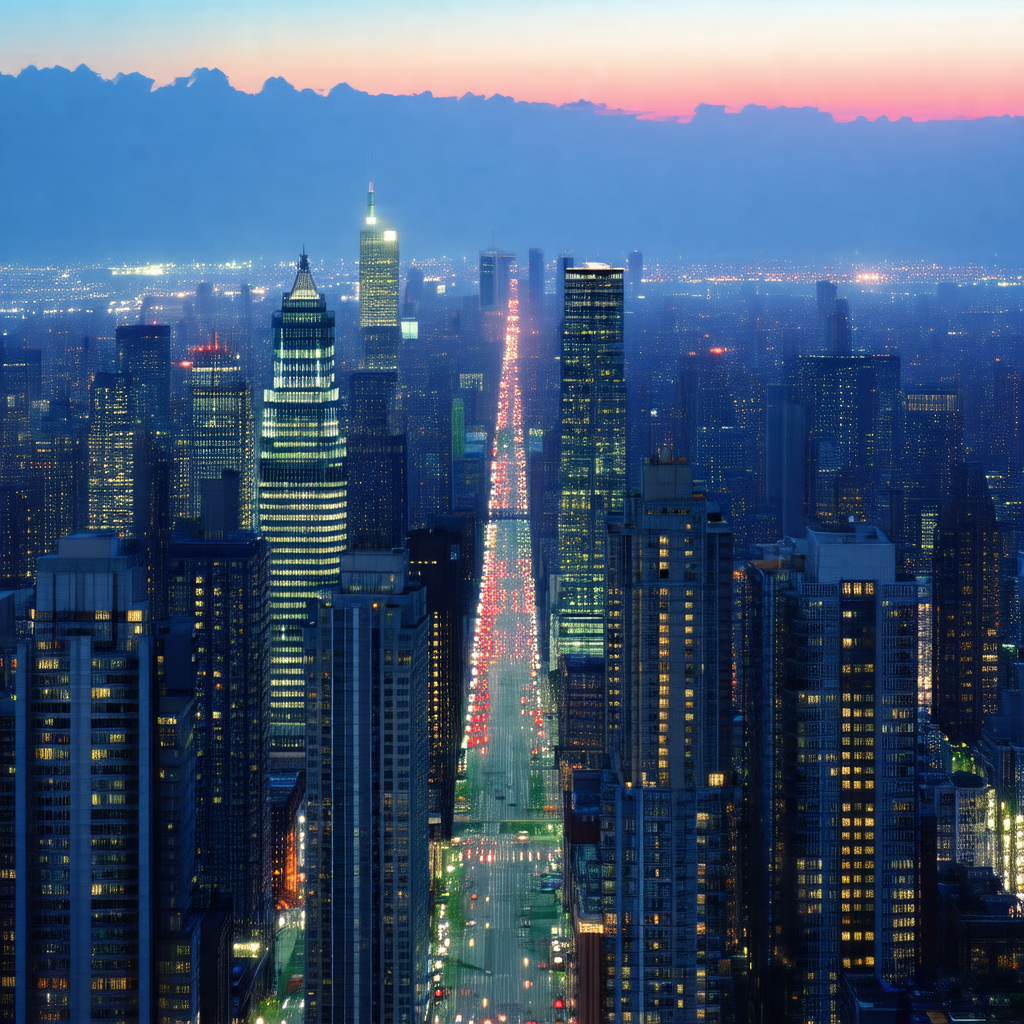 Nighttime view of a city with a long, wide street running...