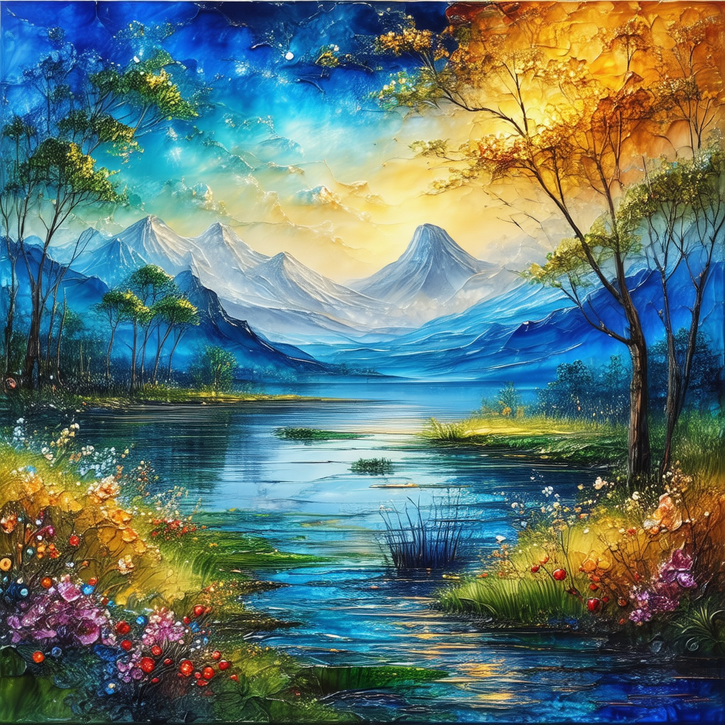 Painting of a beautiful landscape featuring a lake, mount...