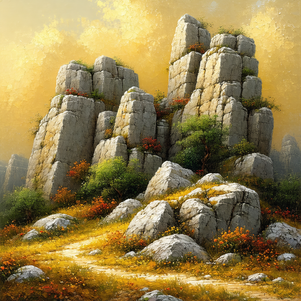 Large rock formation with a mix of grass and trees