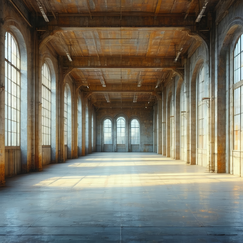 Large, empty room with high ceilings and a long, narrow s...