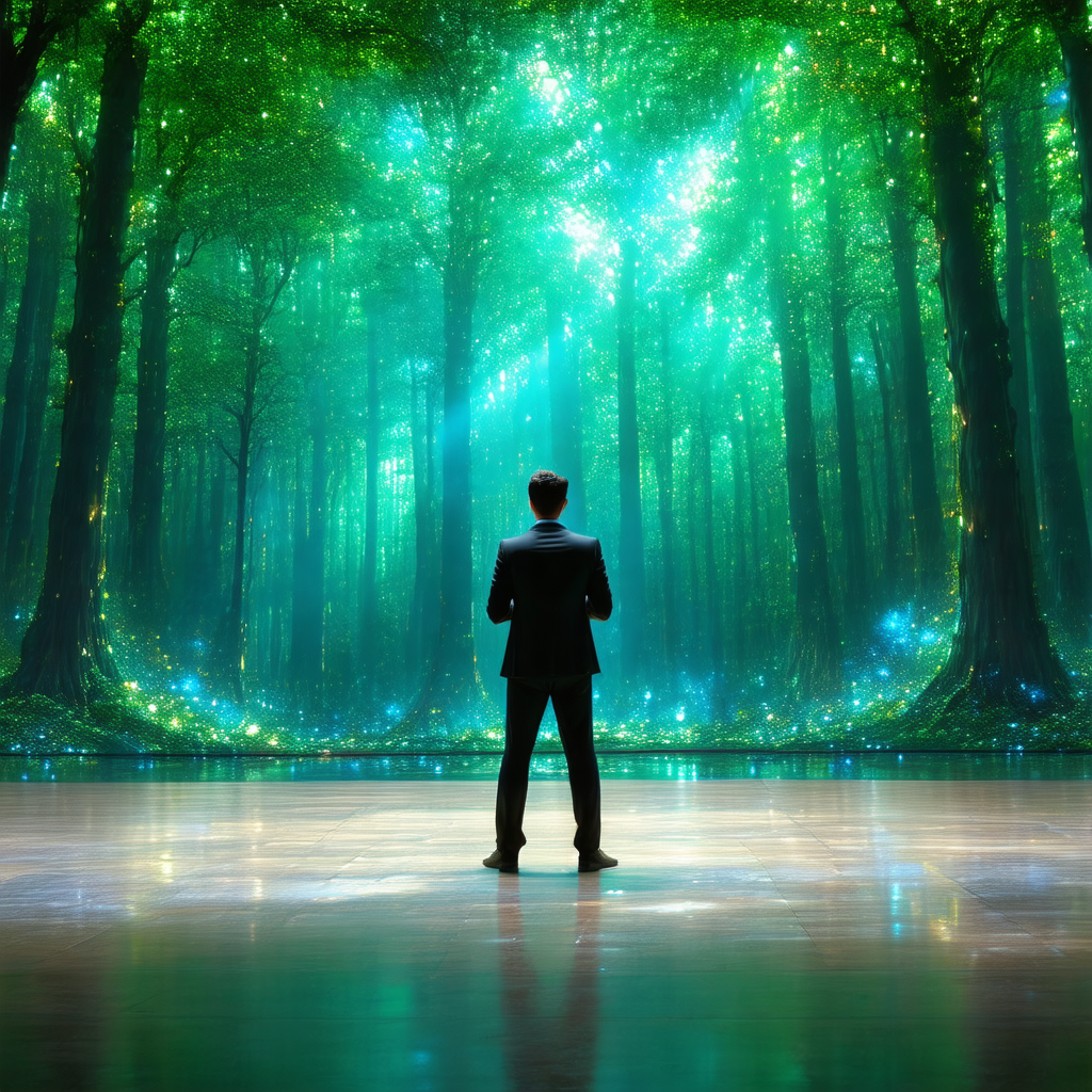 Man standing in a forest, surrounded by trees and a lush ...