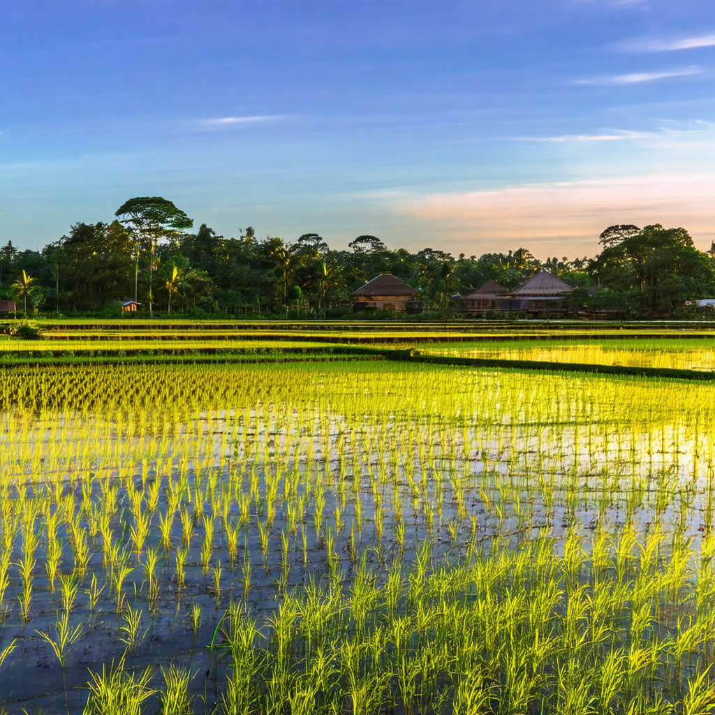 Large field of green rice, with a few trees scattered thr...