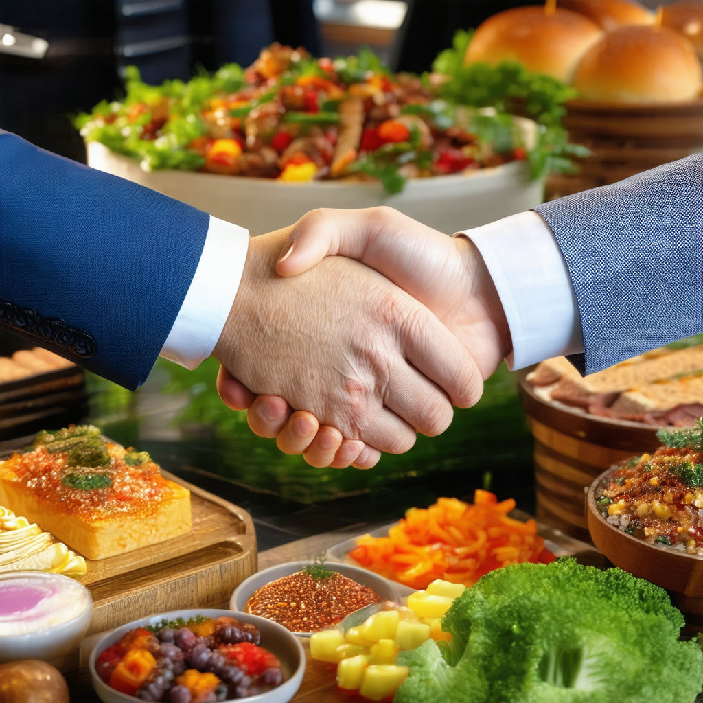 Man and a woman shaking hands over a table filled with va...
