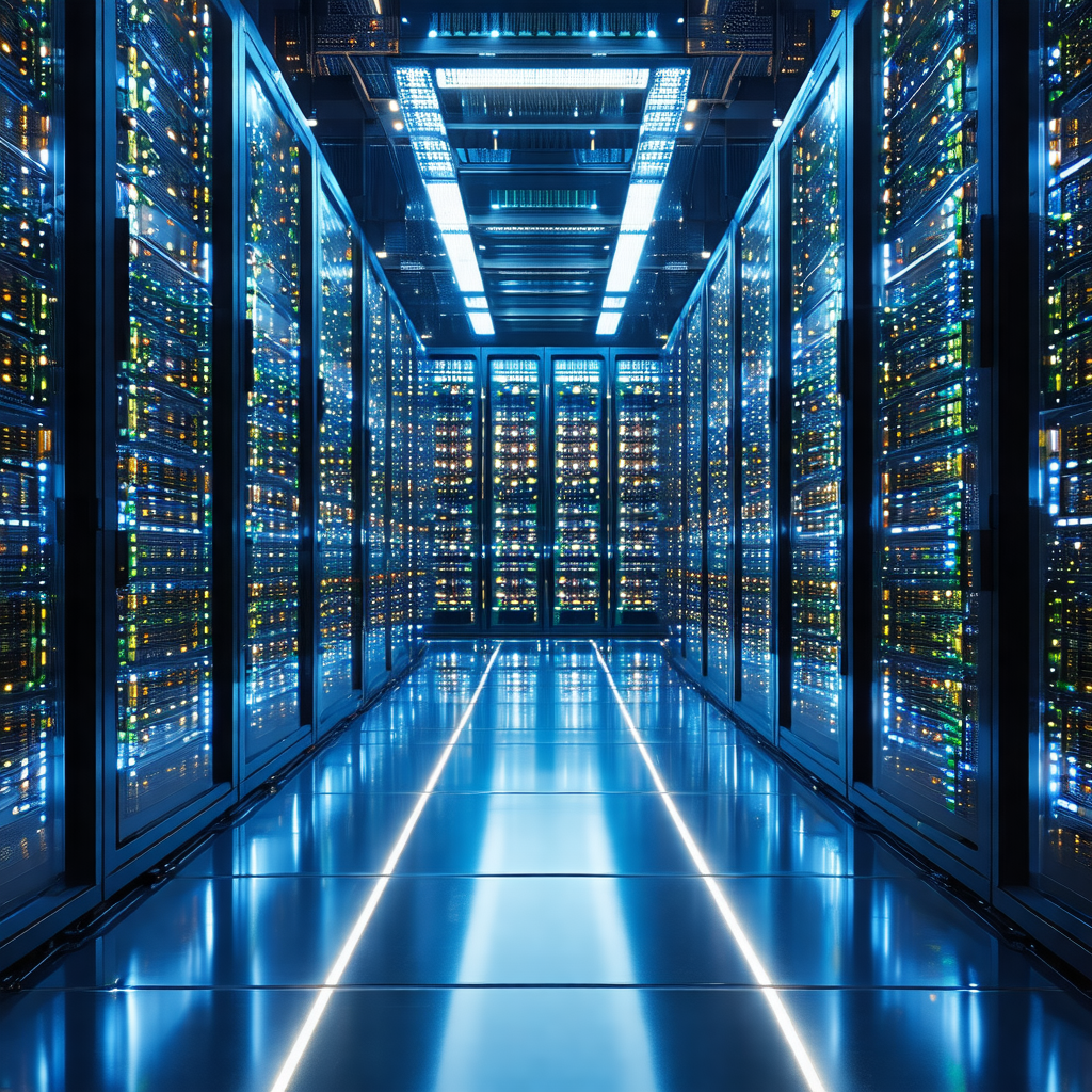 Large, blue-lit room filled with rows of computer servers