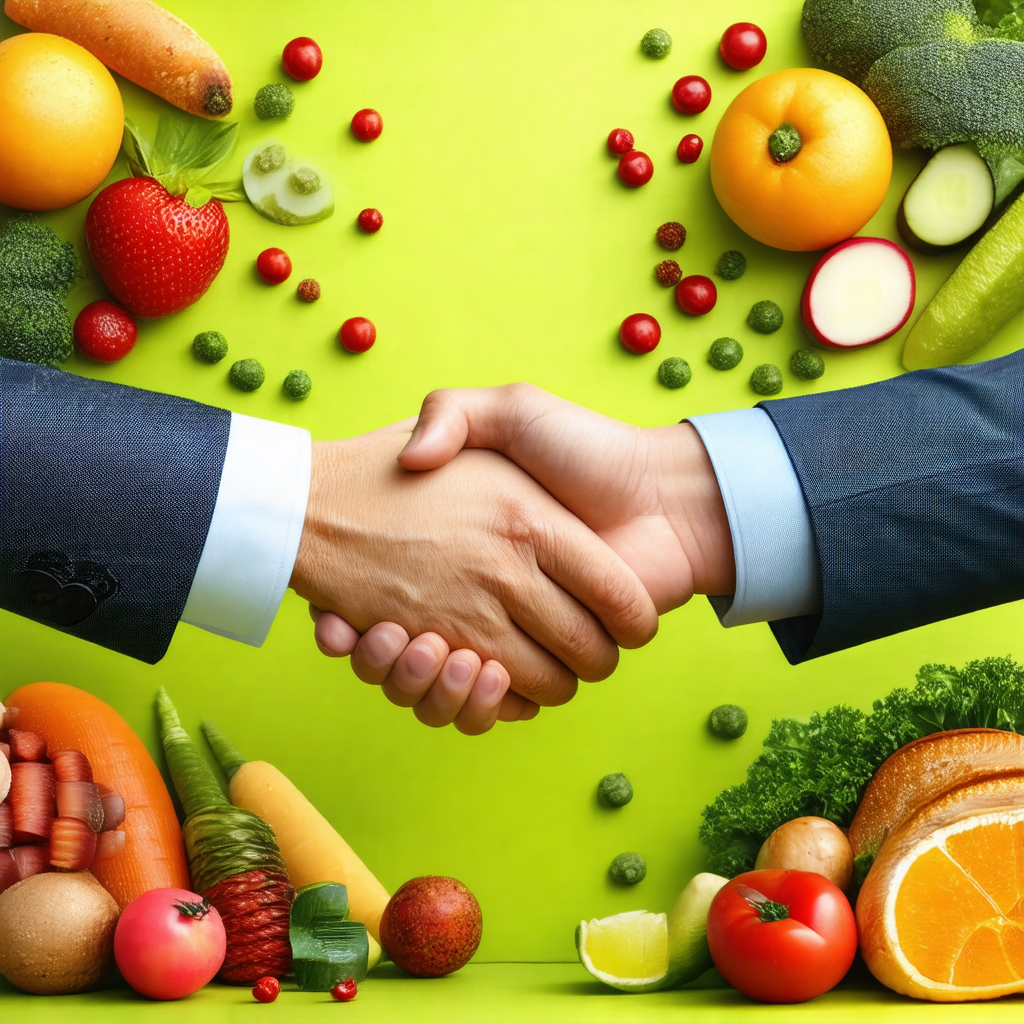 Two men shaking hands in a room filled with a variety of ...
