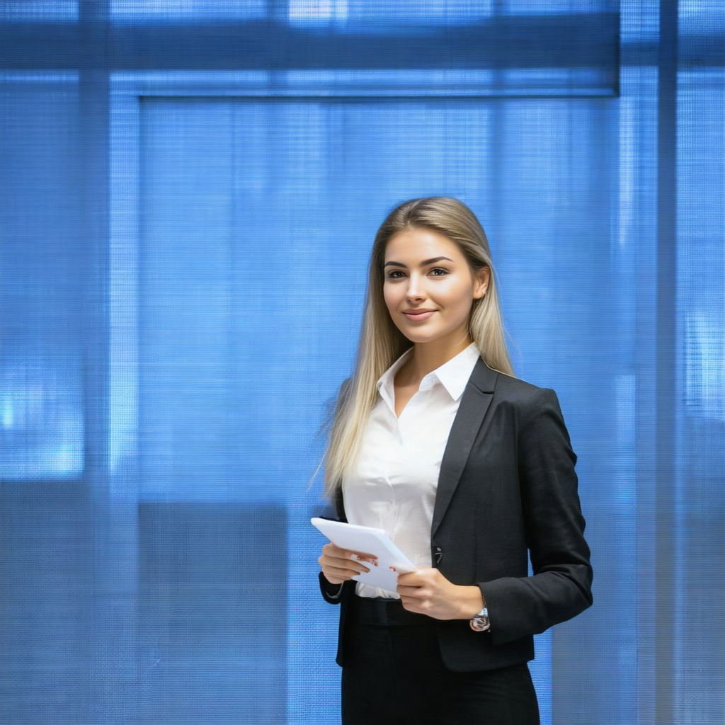Woman dressed in a suit and tie, standing in front of a w...