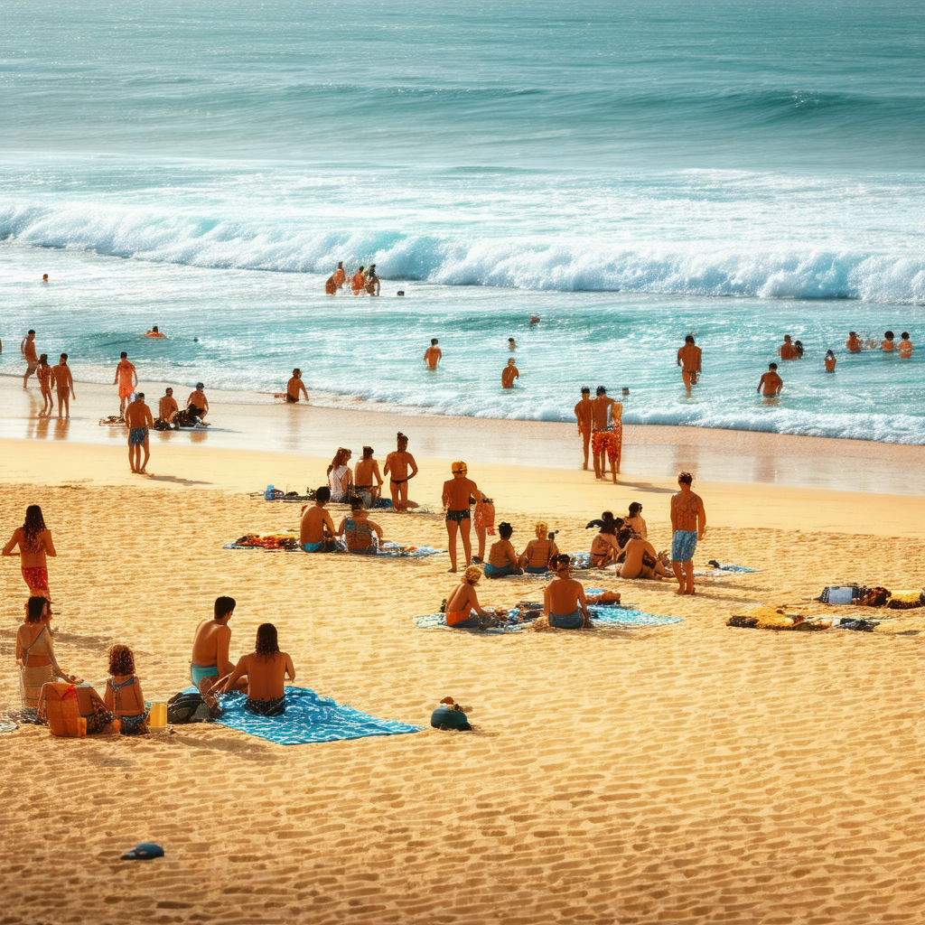 Lively beach scene with a large group of people enjoying ...