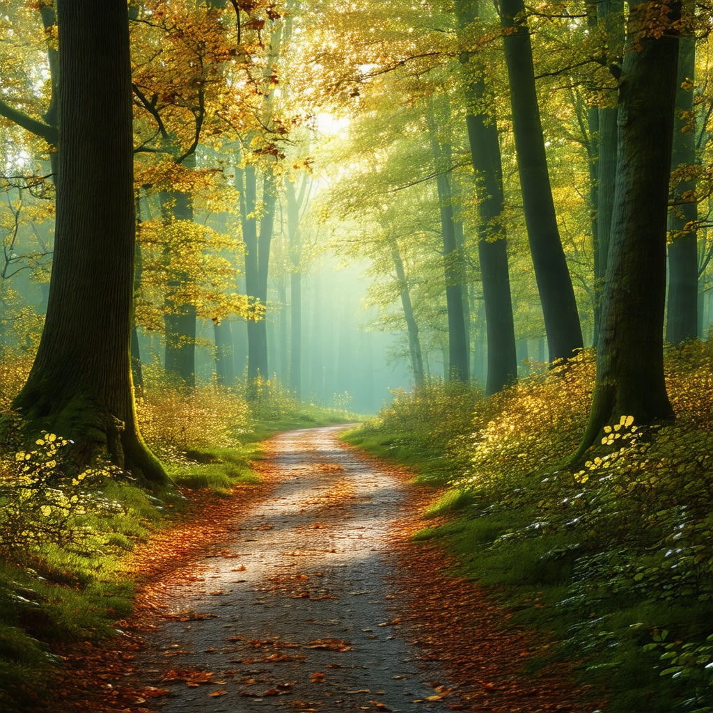 Serene forest scene with a dirt road running through it