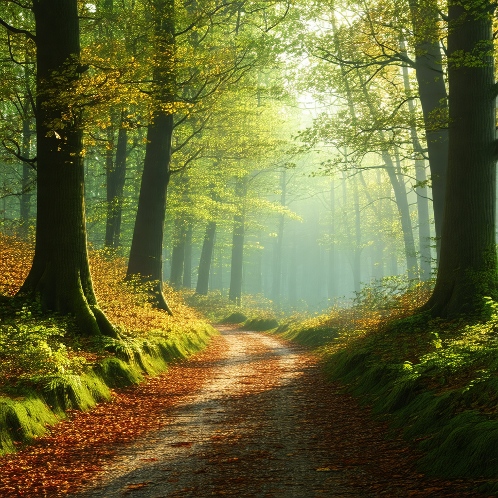 Serene forest scene with a dirt road running through it