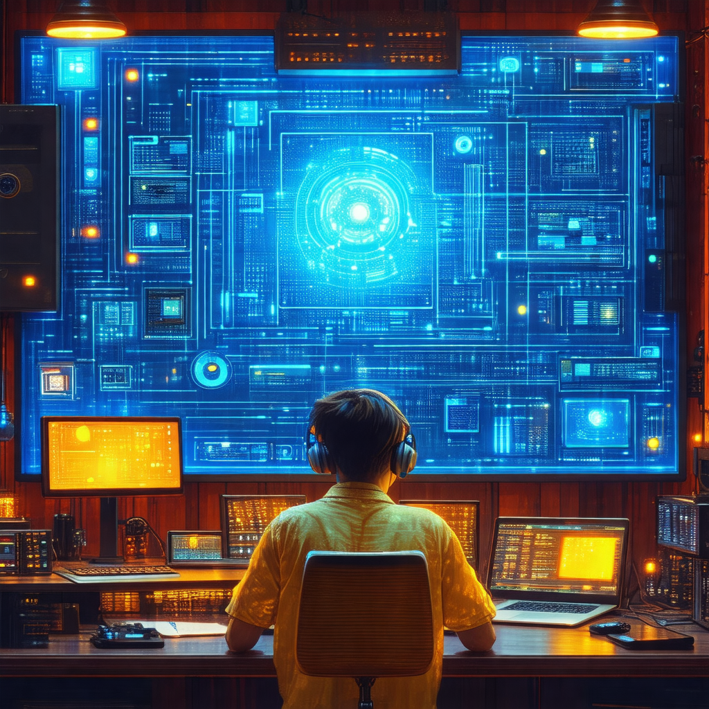 Man sitting at a desk in front of a large computer screen