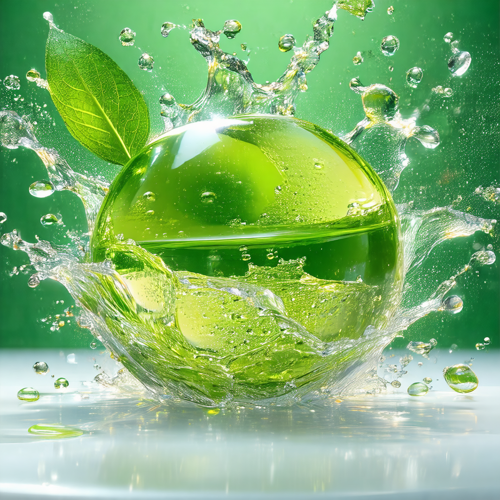 Green apple with a leaf on top, surrounded by a splash of...