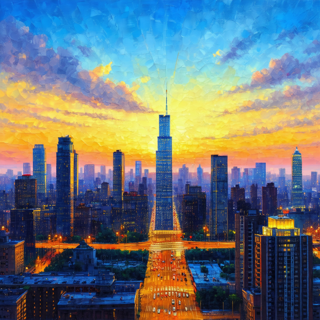 Painting of a cityscape at sunset