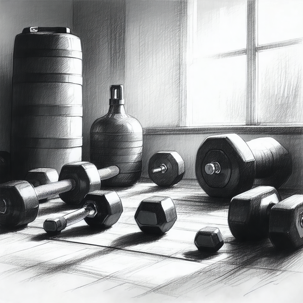 Room with a wooden floor and a variety of exercise equipment