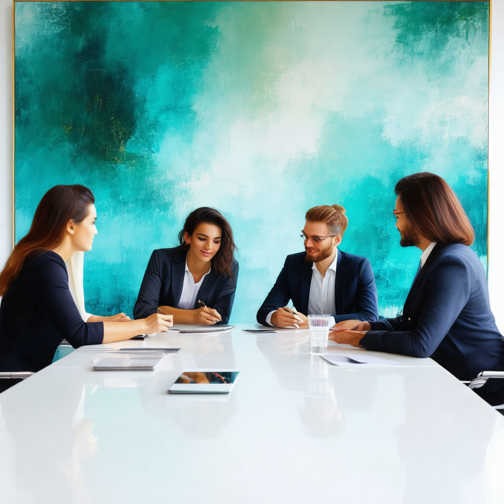 Group of people sitting around a white table, engaged in ...
