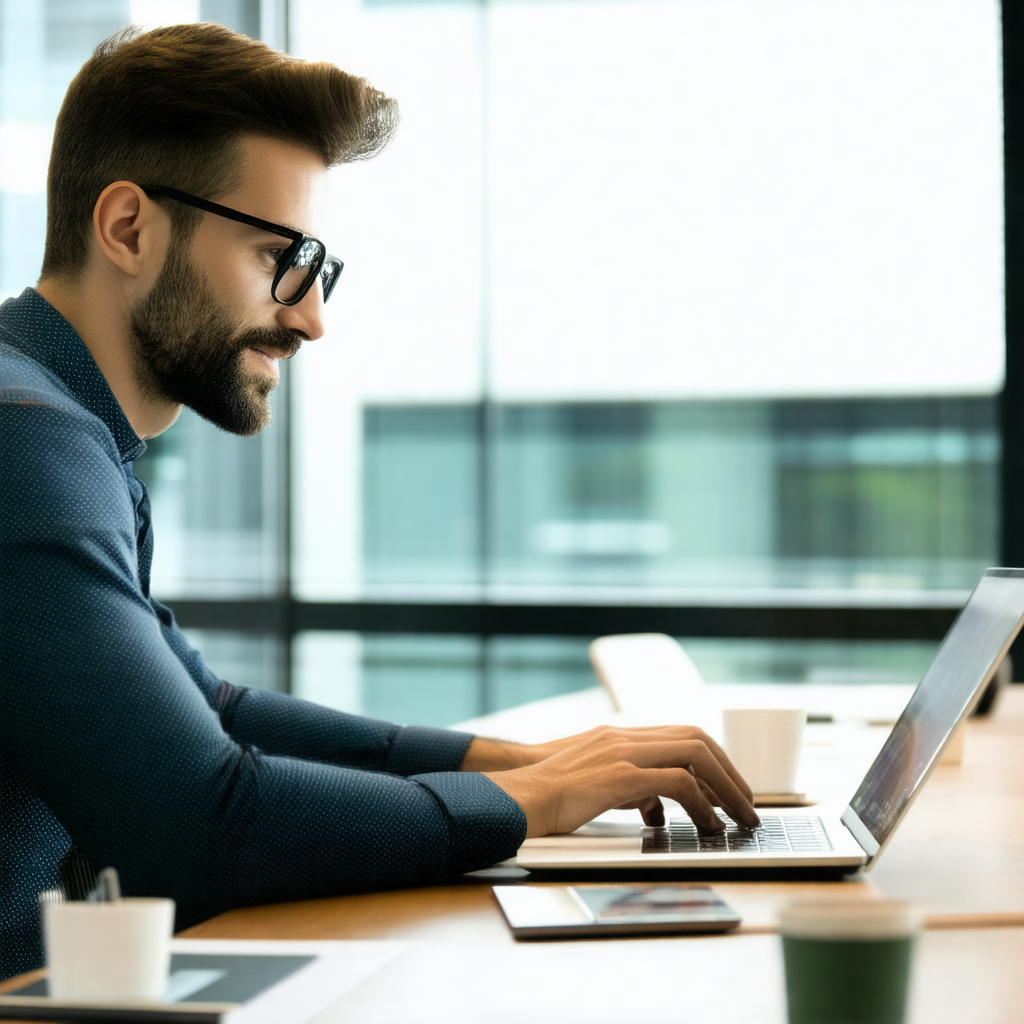 Man sitting at a desk, working on a laptop computer