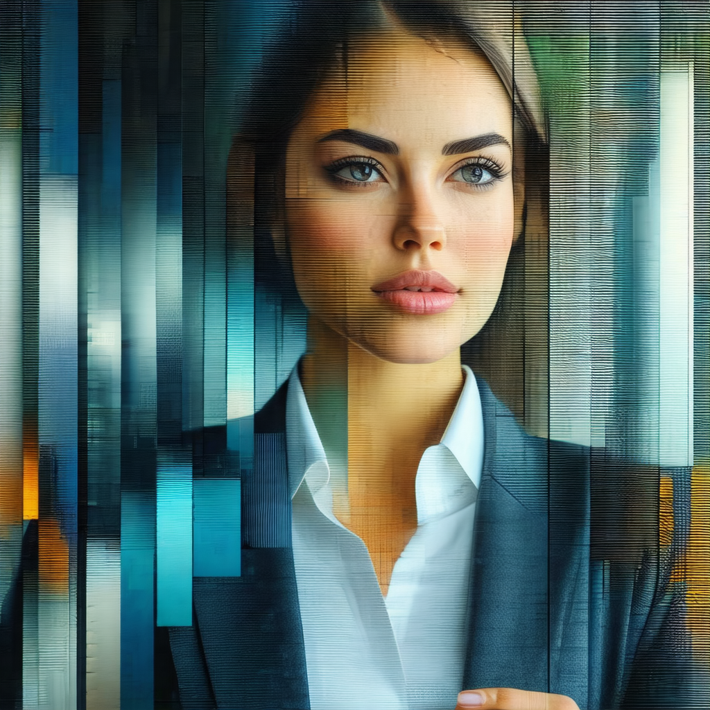 Woman wearing a suit and tie, standing in front of a mirror