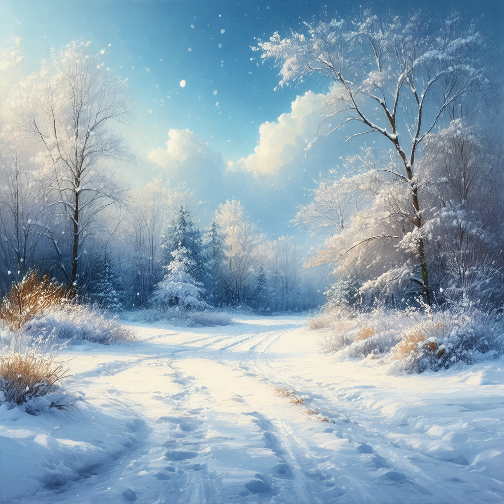 Snowy landscape with a path leading through the snow