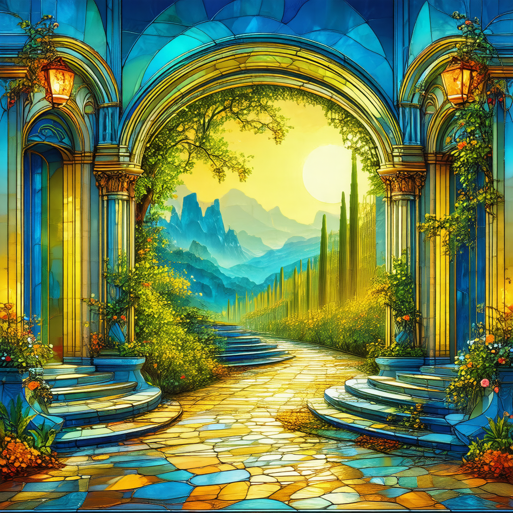Painting of a beautiful garden with a path leading to a m...