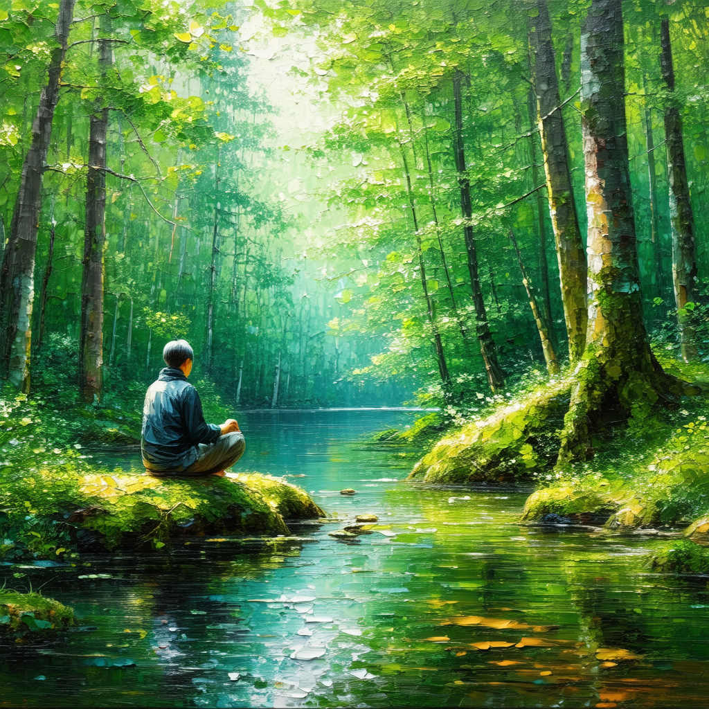 Man sitting on a rock in a serene forest setting