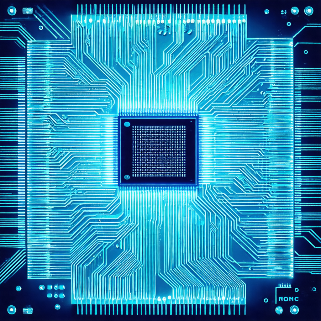 Close-up of a computer circuit board with a blue glow