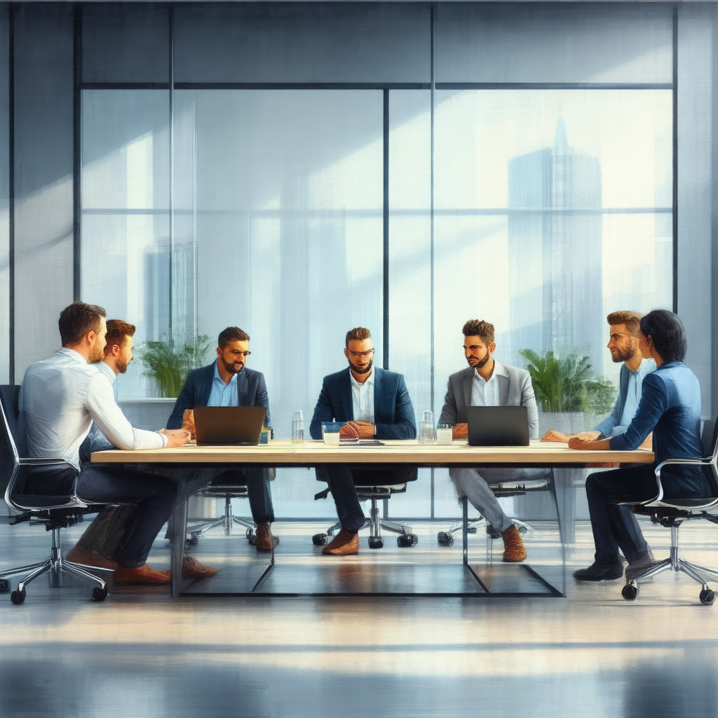Group of men sitting around a conference table in a large...