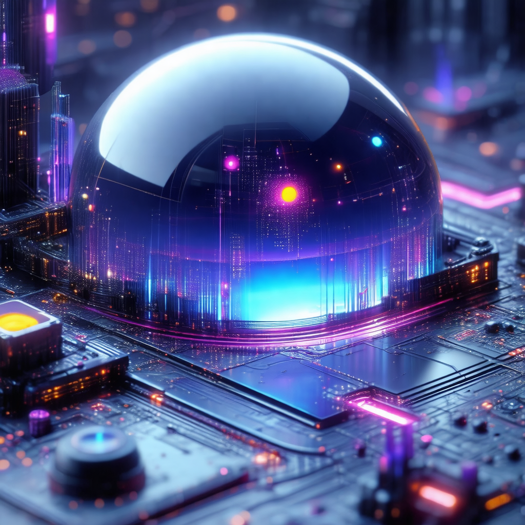Futuristic cityscape with a large, round, purple structur...