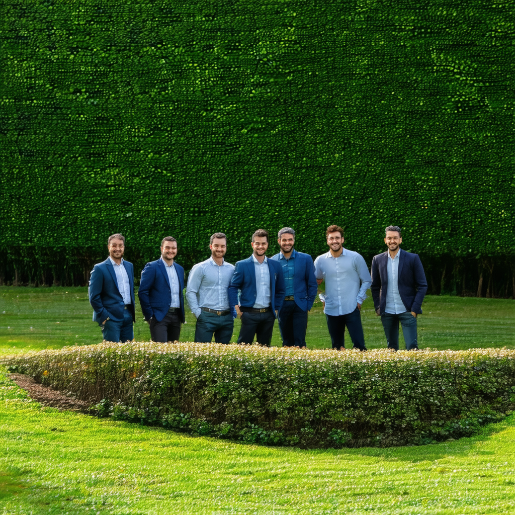 Group of men standing together in a grassy area