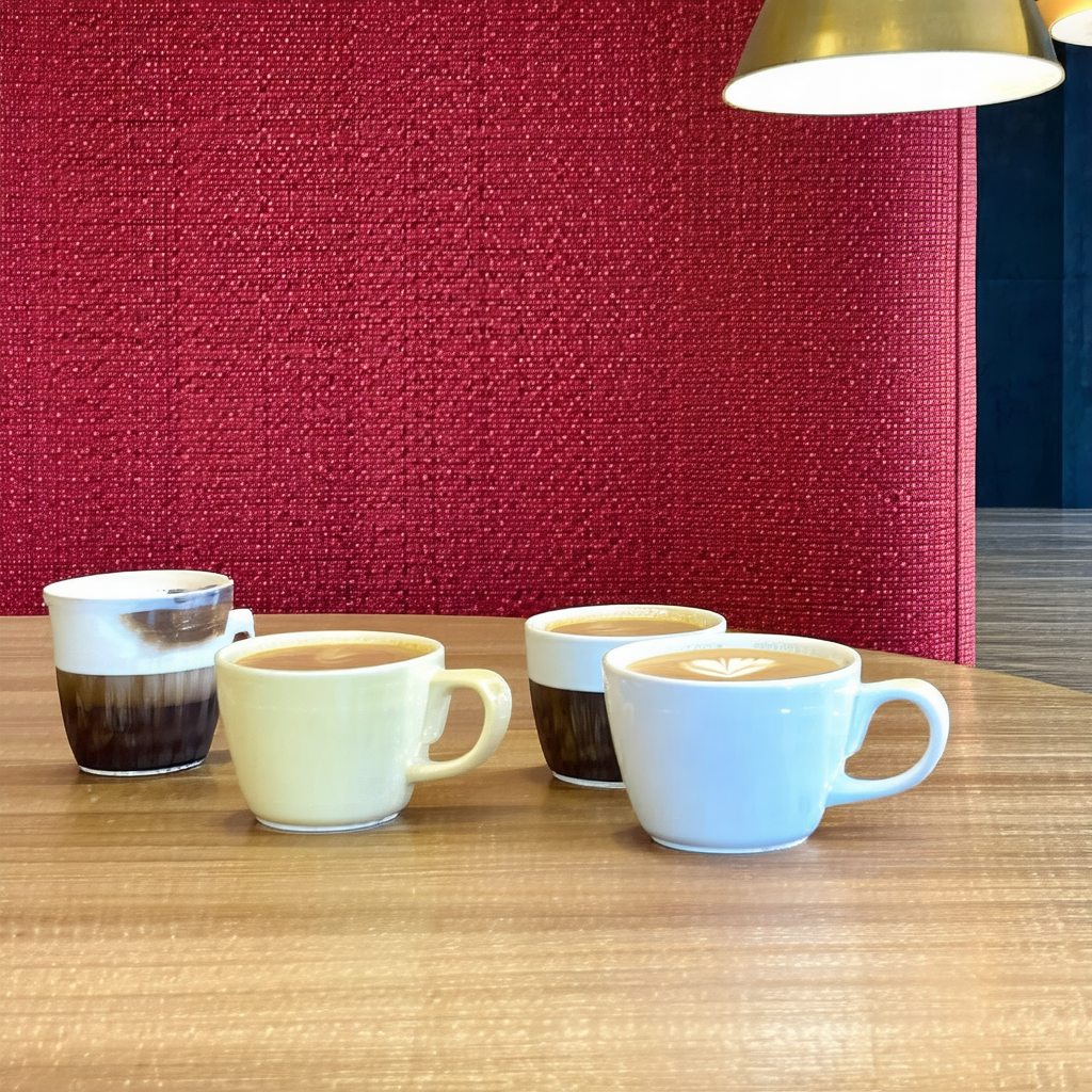 Wooden dining table with four cups of coffee placed on it