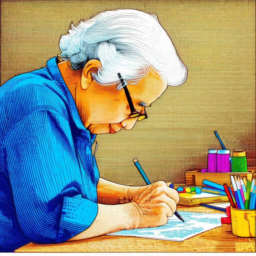 Elderly woman sitting at a table, working on a piece of p...