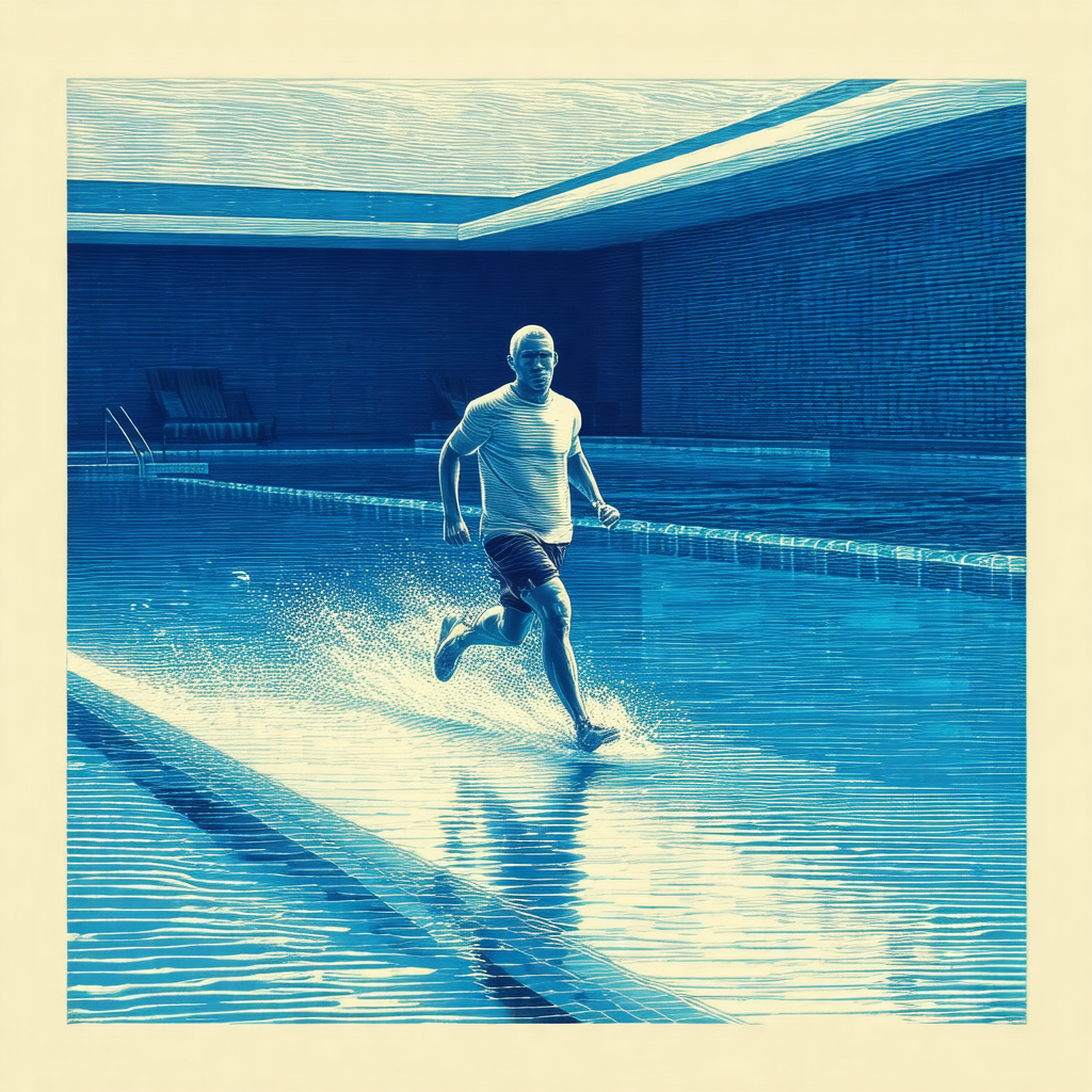 Blue and white painting of a man running through a swimmi...