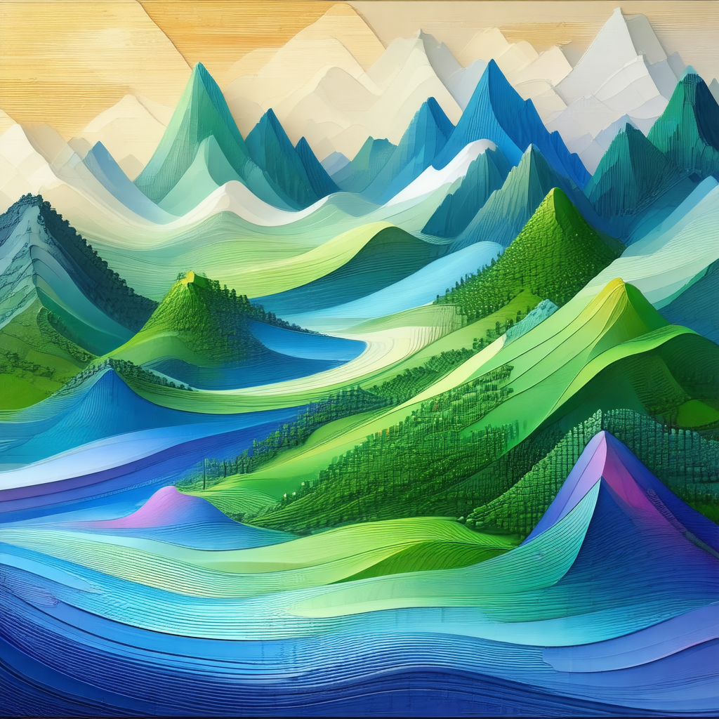 Painting of a mountainous landscape with a variety of colors